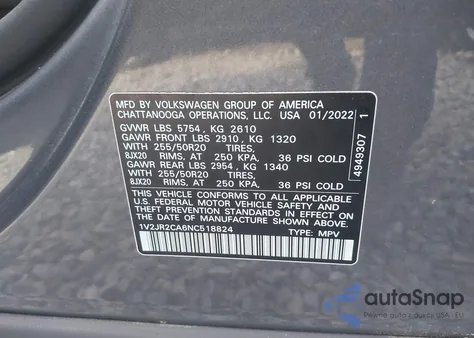 2022 Volkswagen Atlas 3.6L V6 Se W/Technology from USA, damaged, VIN 1V2JR2CA6NC518824